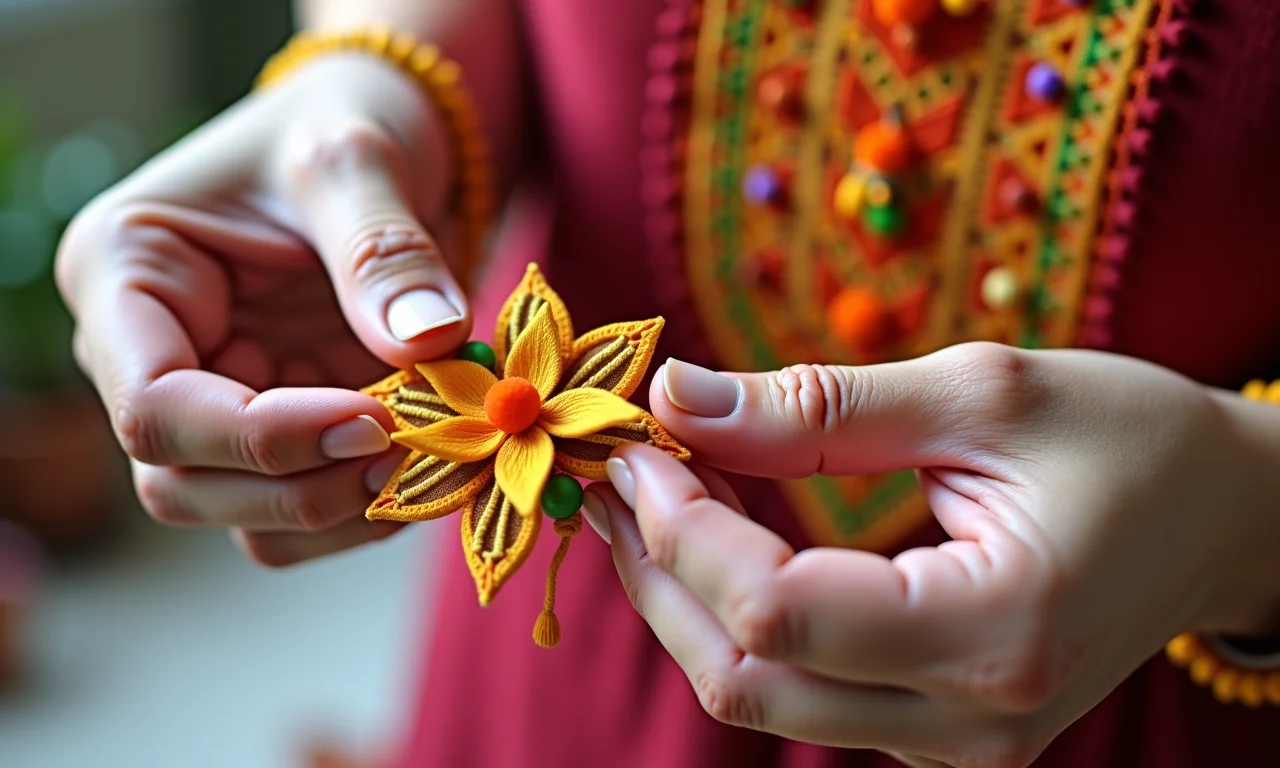 Mãos decorando enfeite de EVA com fita e renda.