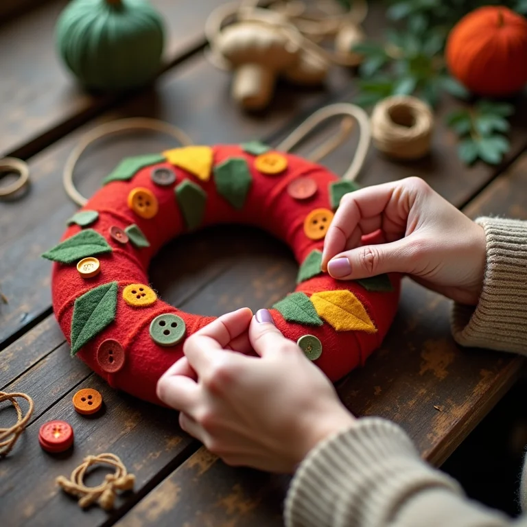 Mãos decorando guirlanda de feltro com enfeites natalinos.