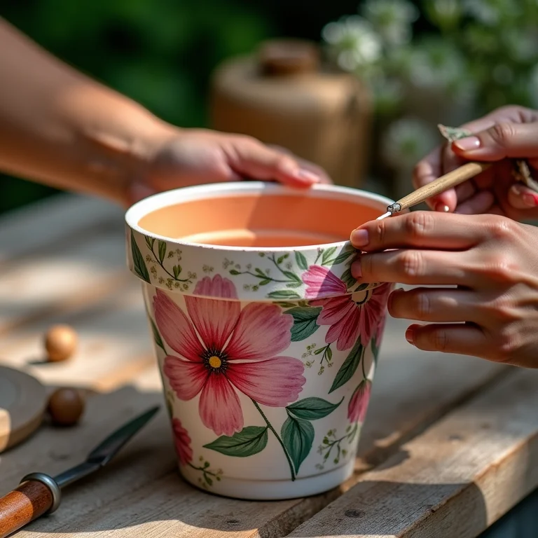 Mãos decorando pote de plástico com técnica de decoupage