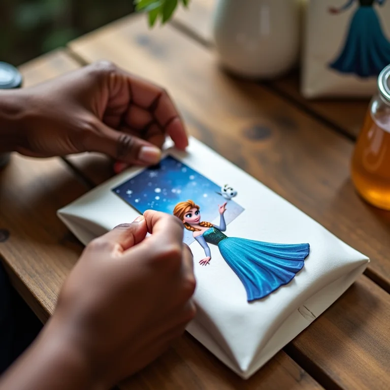 Mãos decorando sacolinha surpresa Frozen em EVA