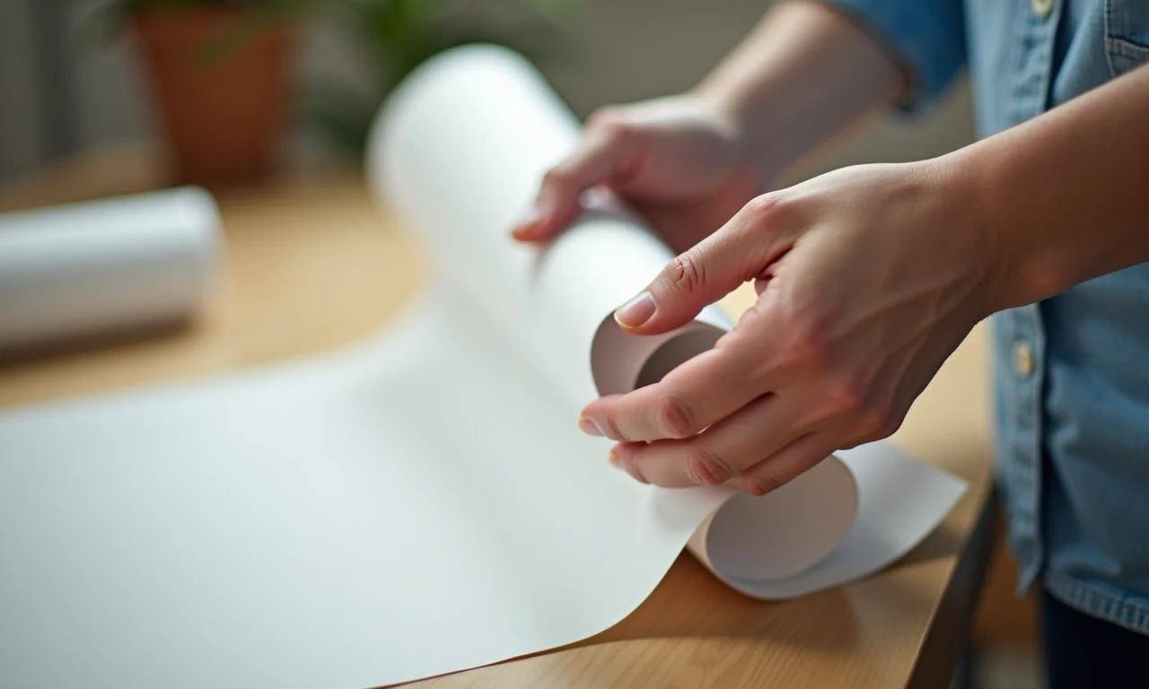 Mãos delicadamente manuseando rolos de papel para evitar que amassem.