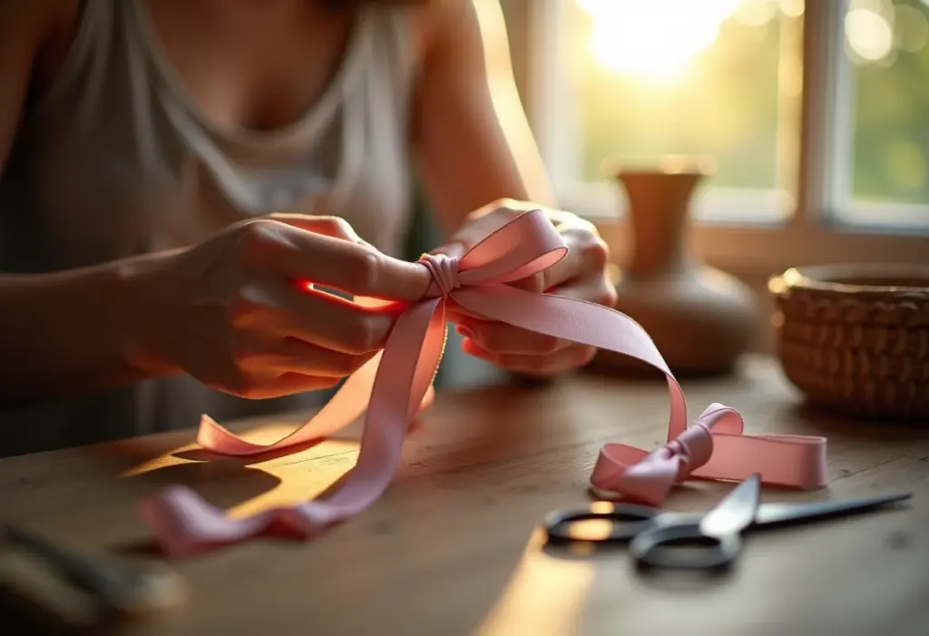 Laços de Cetim: Aprenda o passo a passo fofo e lucre! Mãos delicadas amarrando laço de cetim em ateliê brasileiro.