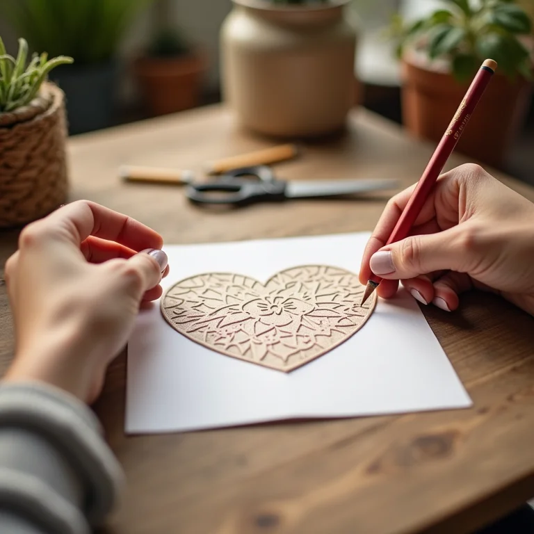 Mãos desenhando molde de coração para guirlanda de feltro.