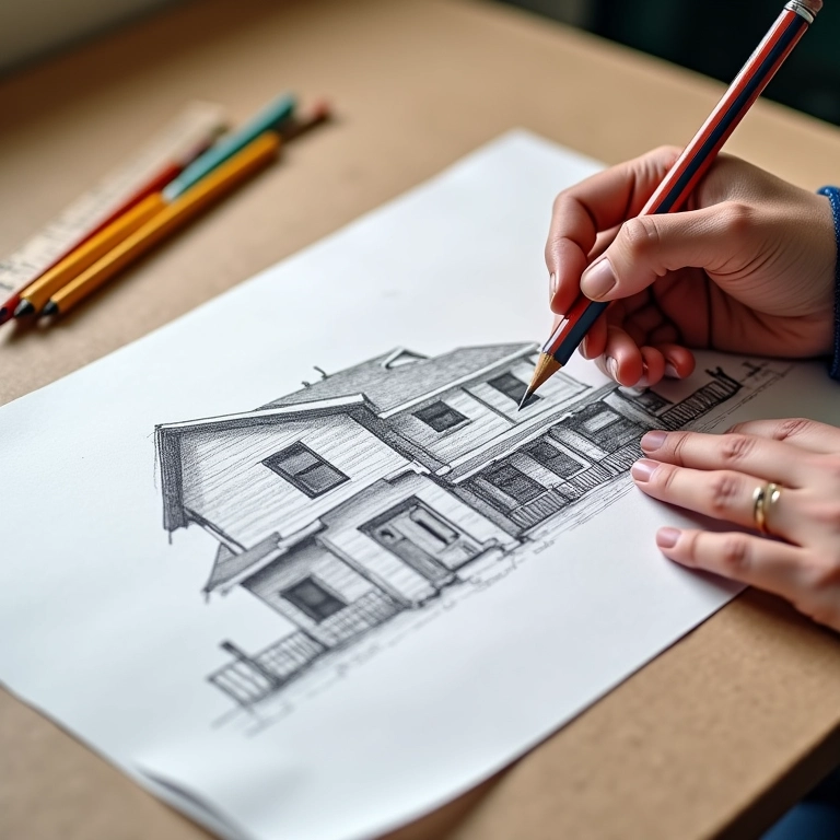 Mãos desenhando o projeto de uma casinha de papelão em um pedaço de papelão.
