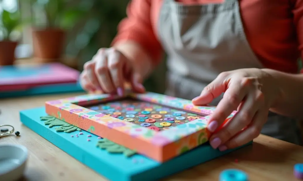 Porta-retrato de EVA molde: para imprimir Mãos detalhadas criando um porta-retrato de EVA colorido.