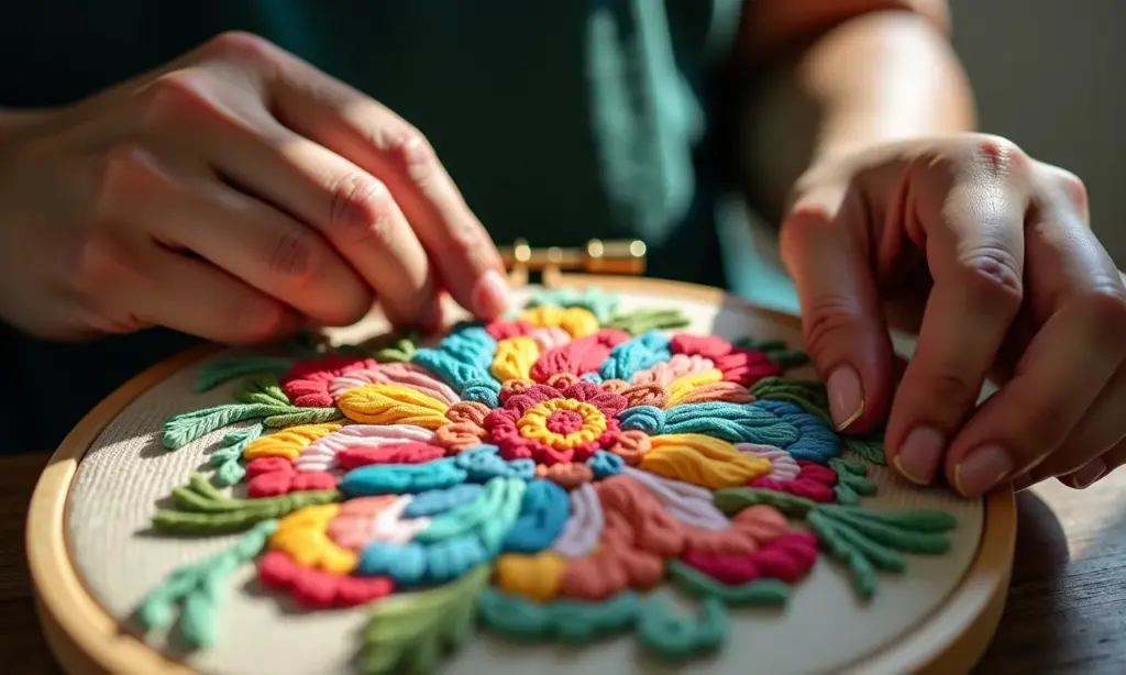 Mãos diversas bordando ponto cruz colorido em estúdio.