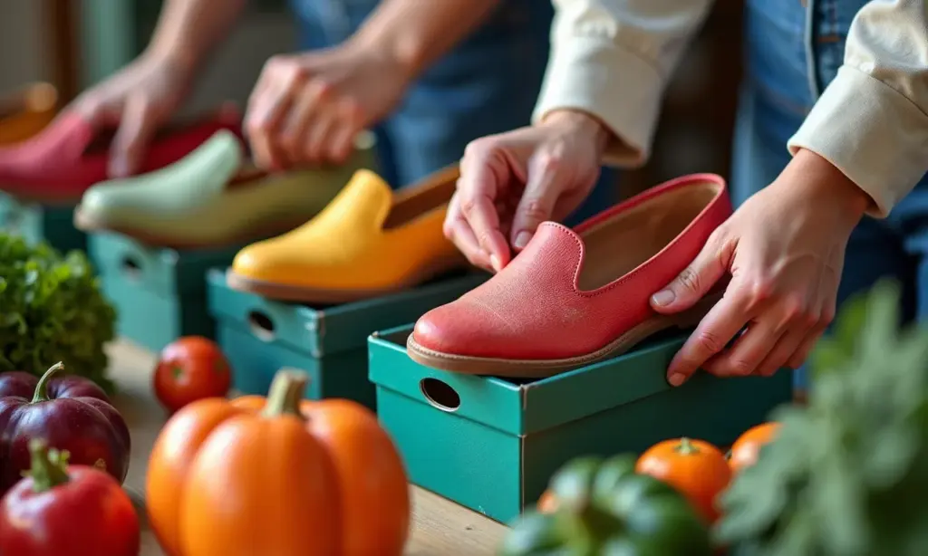 Mãos diversas criando artesanato com caixas de sapato reaproveitadas.