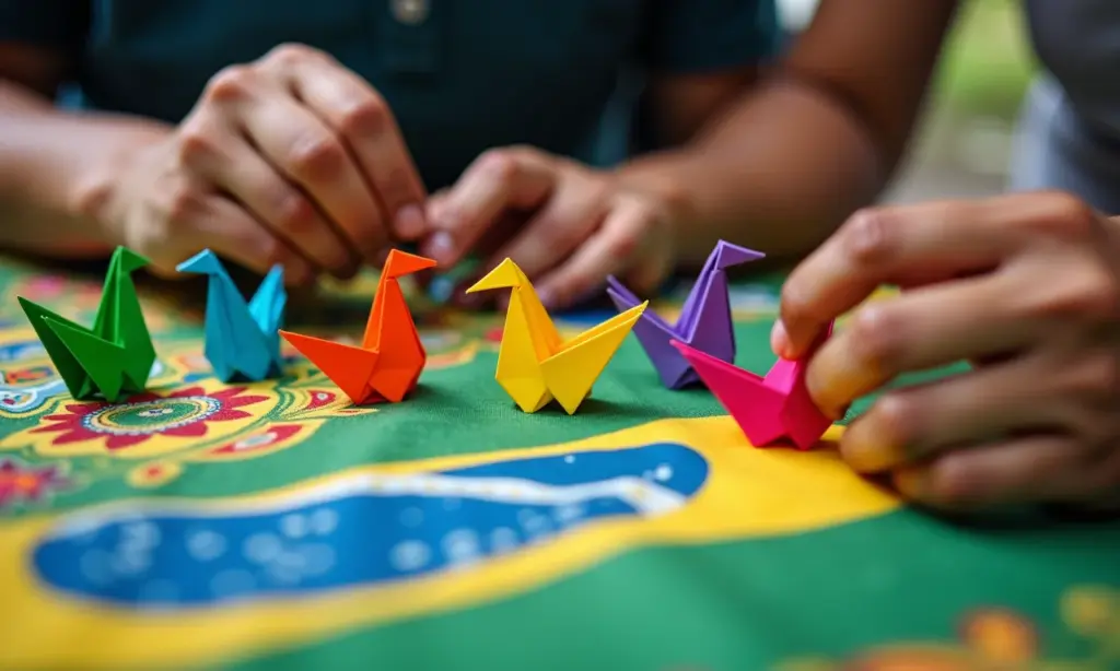 Como fazer brinquedos de papel passo a passo Mãos diversas criando origamis coloridos sobre tecido vibrante com padrão brasileiro.