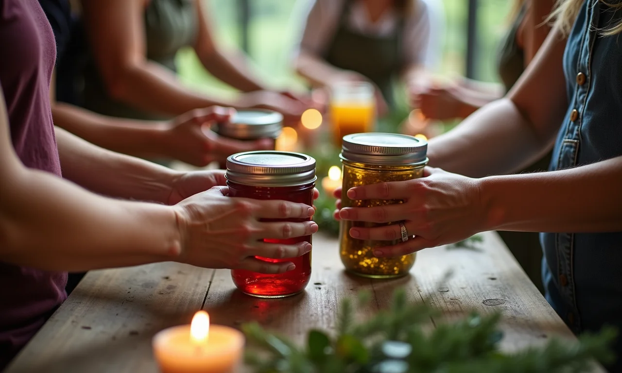 Mãos diversas criando presentes de Natal artesanais a partir de potes de vidro reciclados.