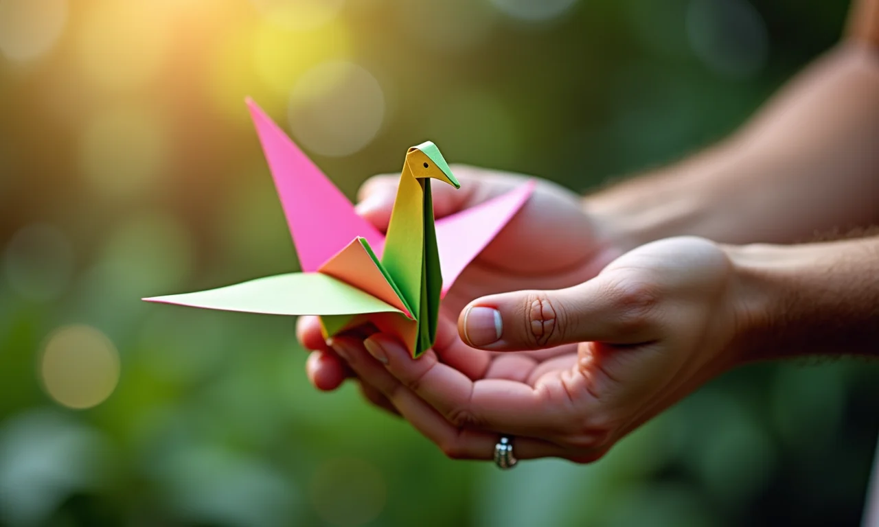 Mãos dobrando um origami de tsuru com papel colorido, em um ambiente Farm Rio.