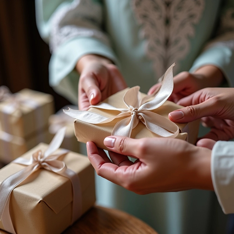Mãos embalando lembrancinhas de casamento com papel e fitas.