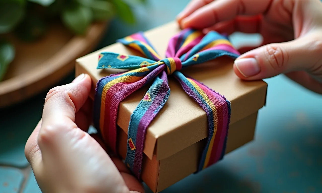Mãos embrulhando lembrancinha de casamento com tecido colorido.