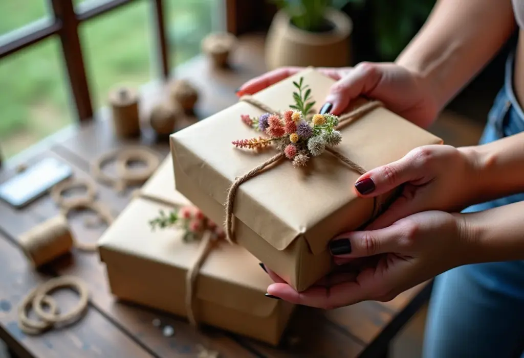 Lembrancinhas de Natal: Ideias fáceis para encantar seus clientes Mãos embrulhando lembrancinhas de Natal com flores secas