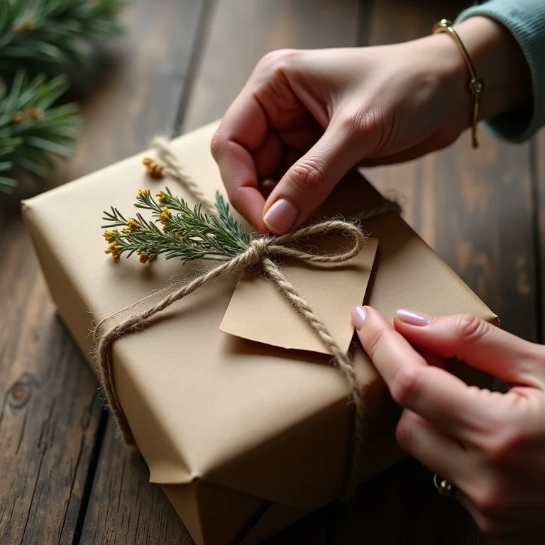 Mãos embrulhando presente de Natal com embalagem criativa