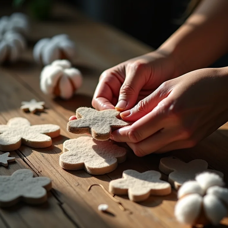 Mãos enchendo formas de feltro para guirlanda de Natal.