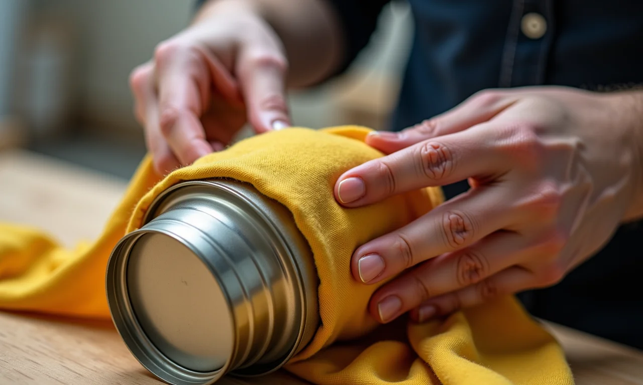 Mãos envolvendo tecido em volta da lata de batata, fixando com cola para criar uma superfície texturizada.