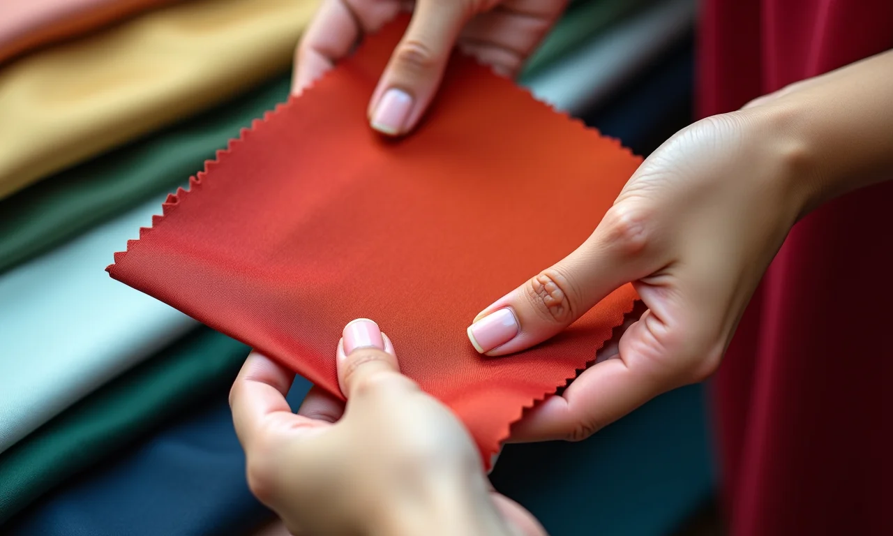 Mãos escolhendo amostras de cetim colorido.
