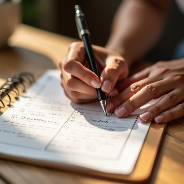 Mãos escrevendo em planner de casamento DIY