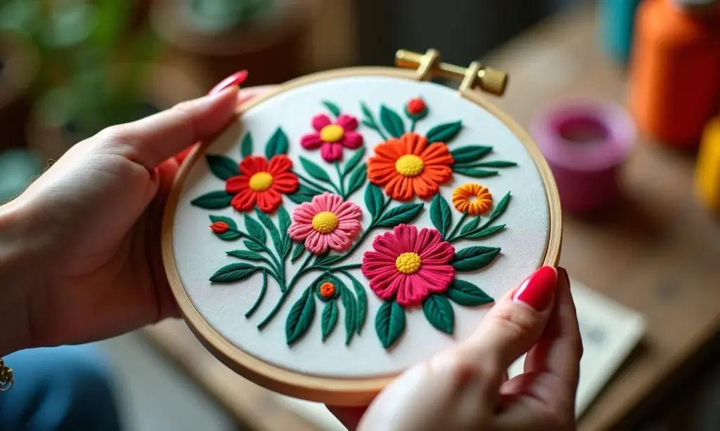 Transforme o bastidor em parte da obra de arte final Mãos femininas bordando em bastidor com design floral colorido.