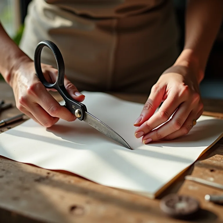Mãos femininas cortando EVA com tesoura vintage