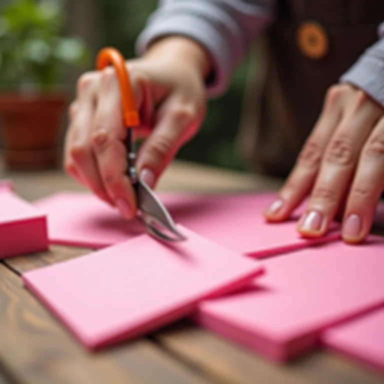 Mãos femininas cortando EVA rosa com tesoura vintage.