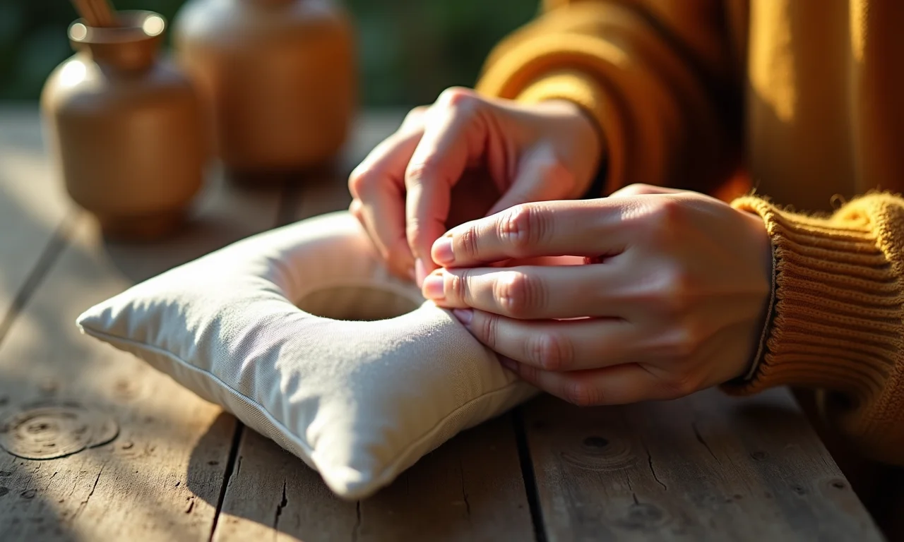 Mãos femininas costurando porta-alianças de tecido de algodão
