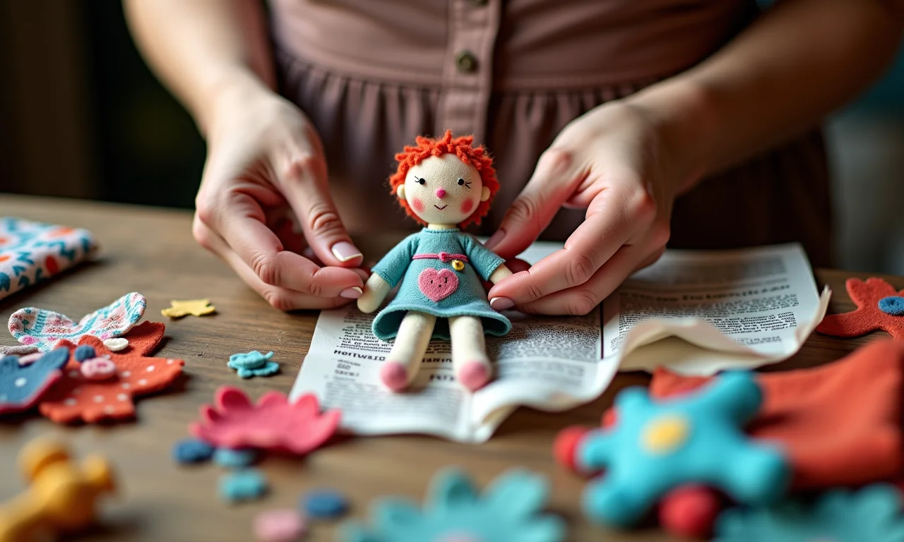 Mãos femininas criando uma boneca de pano com molde e retalhos coloridos.