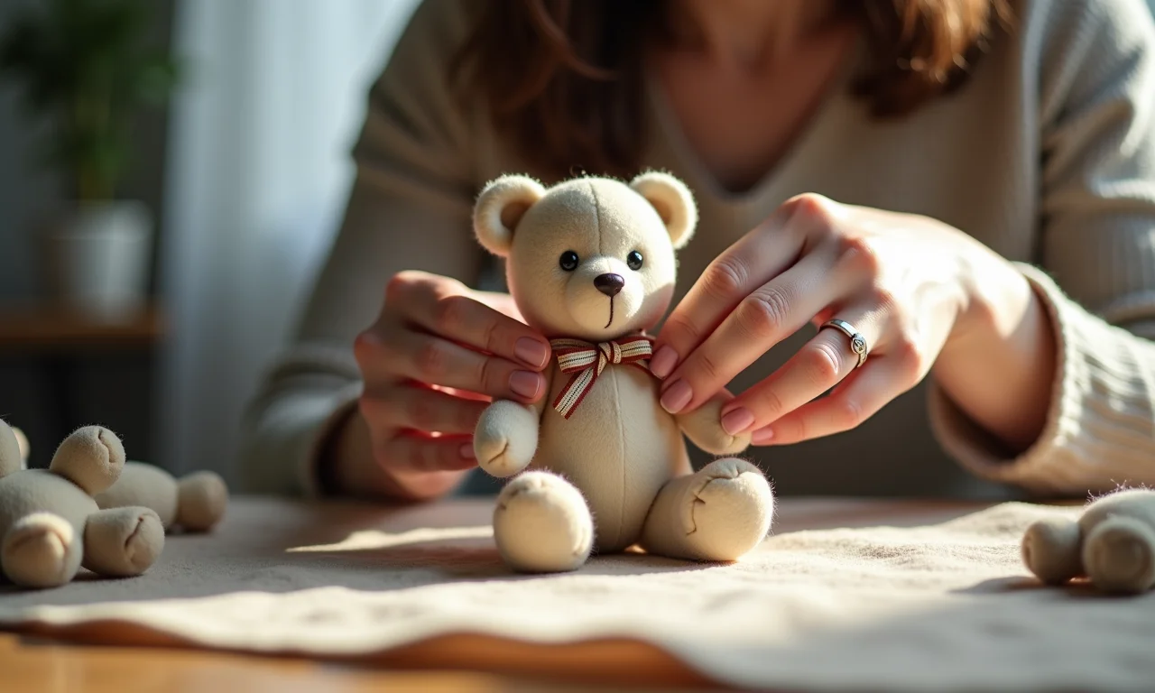 Mãos femininas criando urso de feltro com molde, delicadeza e foco.
