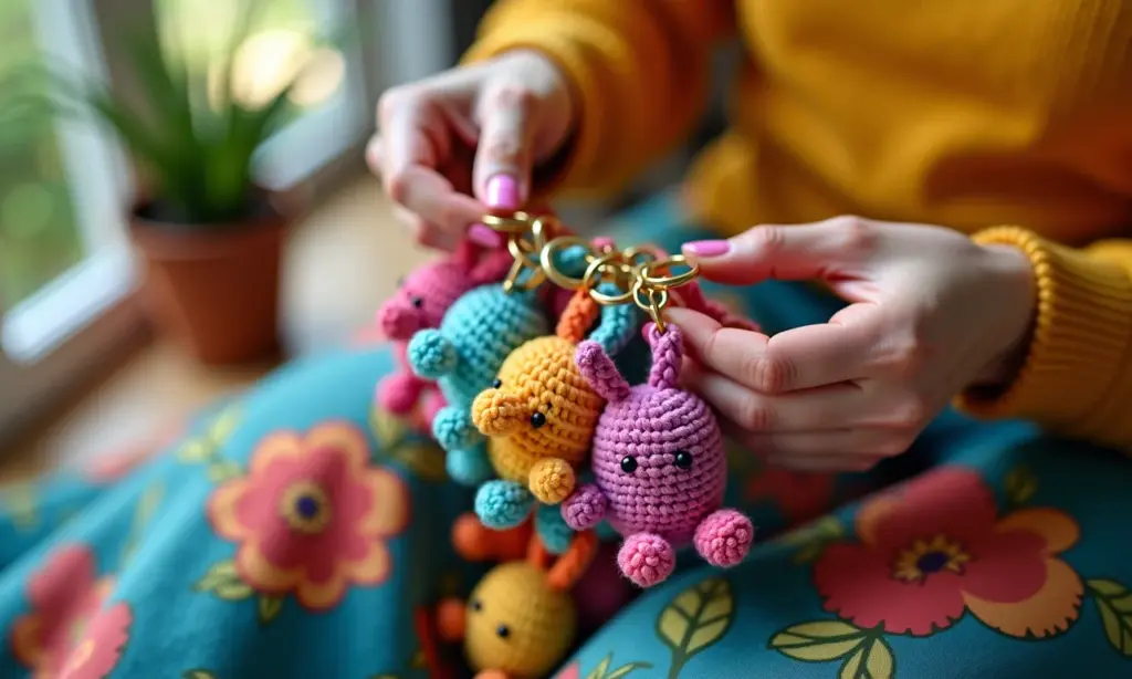 Amigurumi Chaveiro Fácil de Fazer: Receitas Para Iniciantes Mãos femininas crocheando chaveiros de amigurumi coloridos.