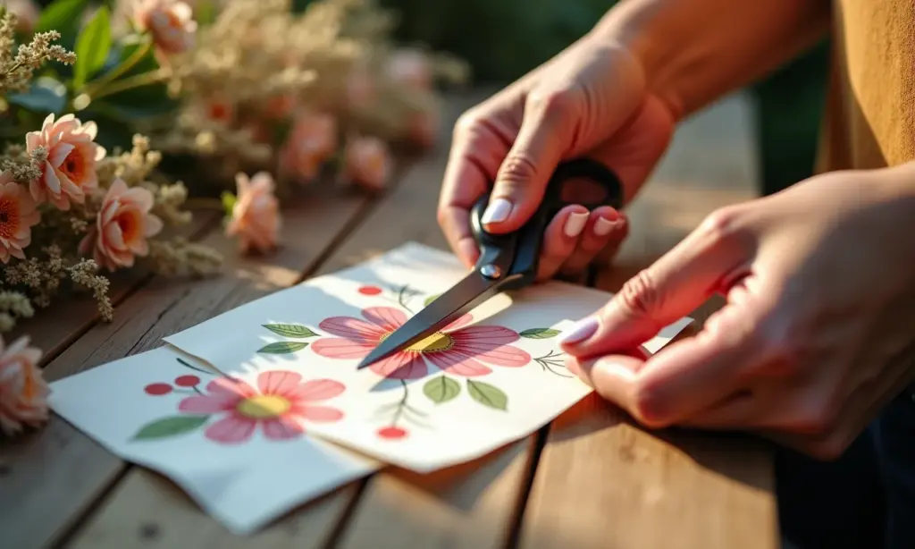 Mãos femininas diversas cortando papel floral para convites de casamento DIY