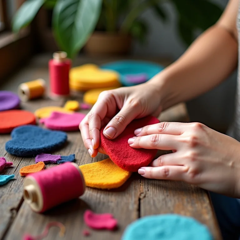 Mãos femininas escolhendo cores de feltro para guirlanda de Natal.
