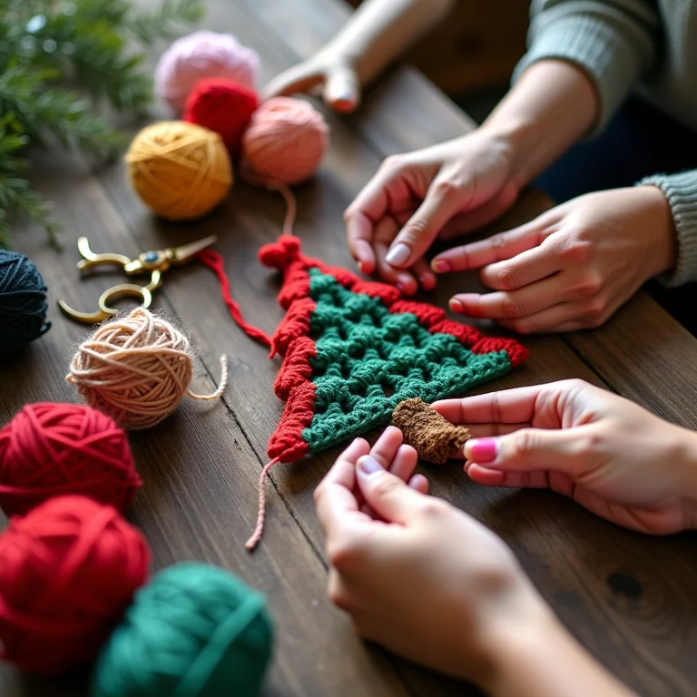 Mãos femininas escolhendo cores de linha para árvore de crochê.