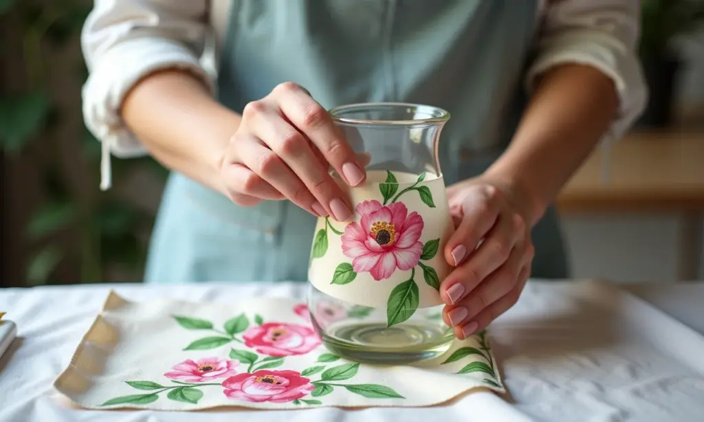 Decoupage em vidros passo a passo: com guardanapo Mãos femininas fazendo decoupage em vaso de vidro com guardanapo floral.
