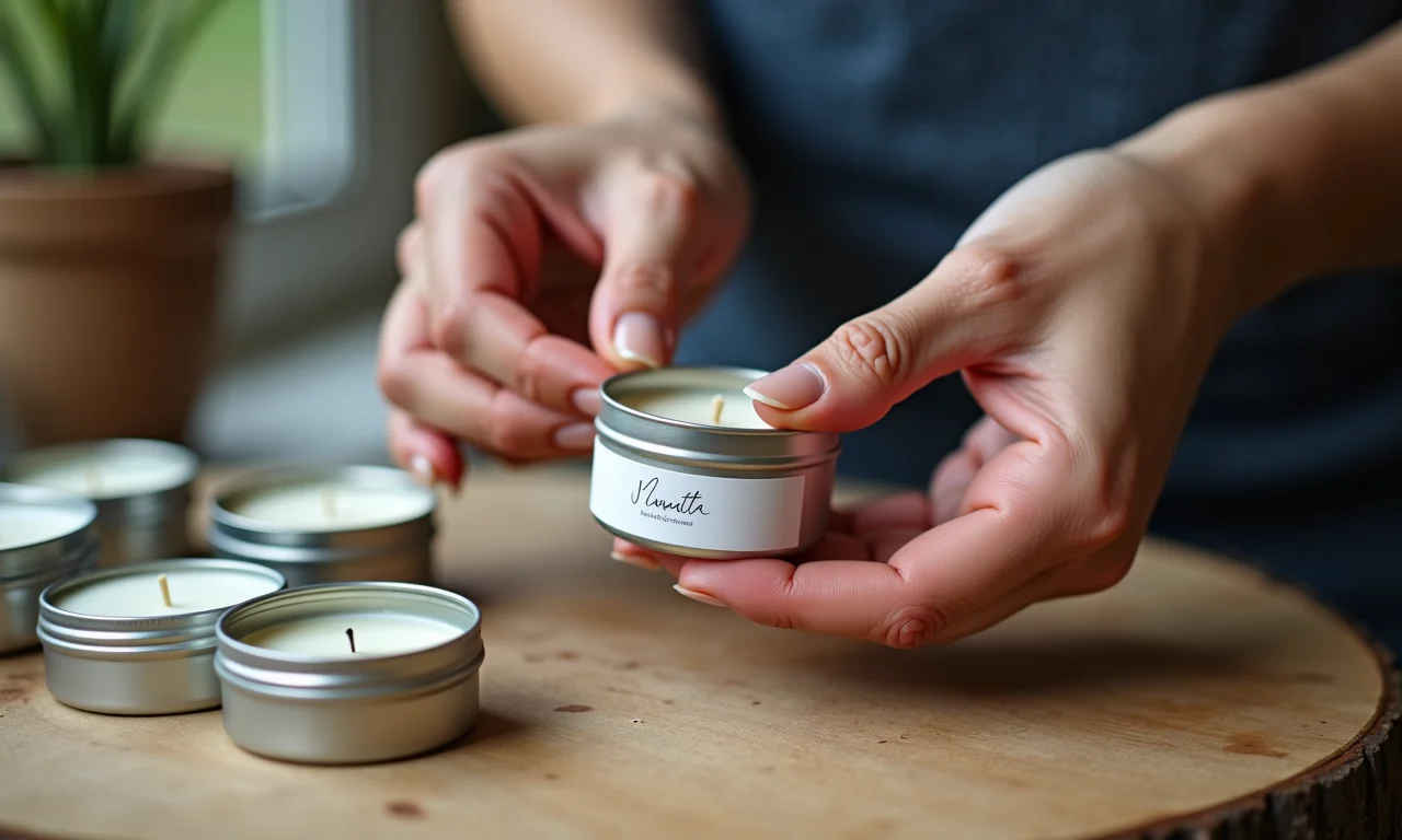 Mãos femininas montando velas personalizadas para lembrancinhas de casamento.