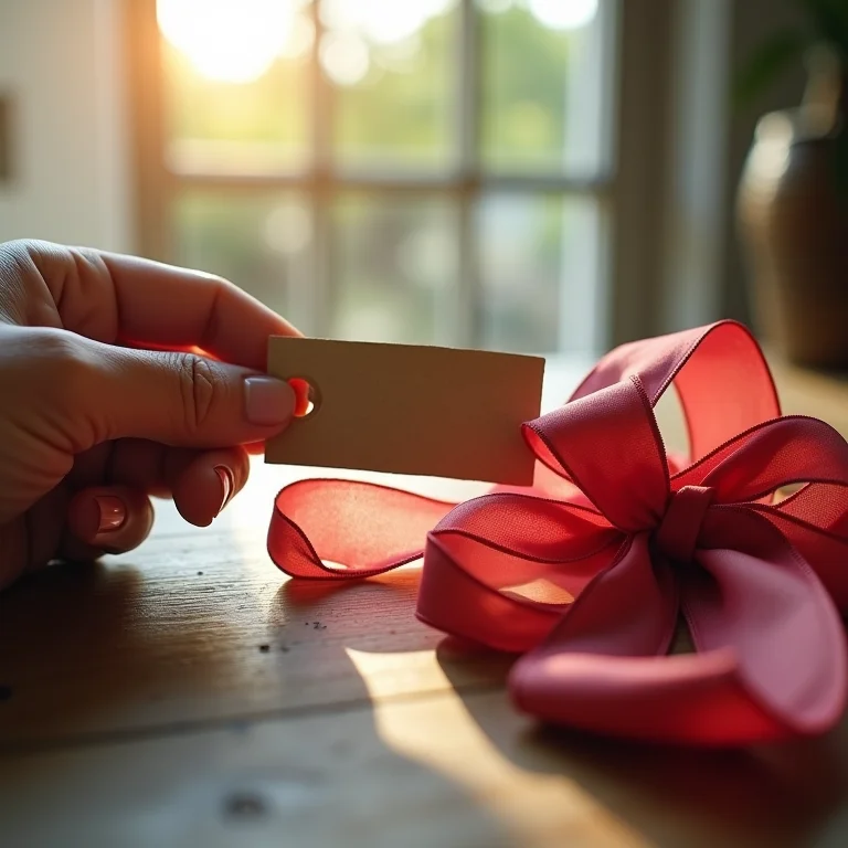 Mãos femininas precificando laço de cetim artesanal.