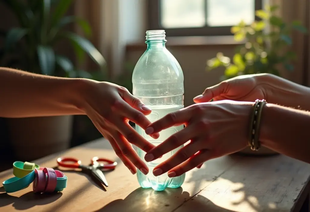 Mãos femininas segurando garrafa PET para artesanato