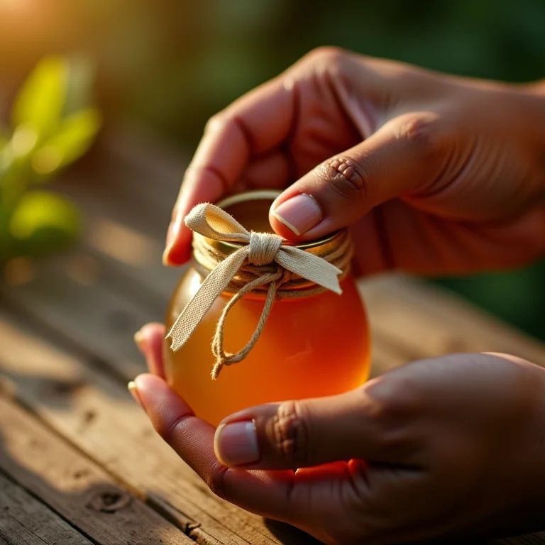 Mãos finalizando a embalagem de mini potes de mel para lembrancinha de casamento.