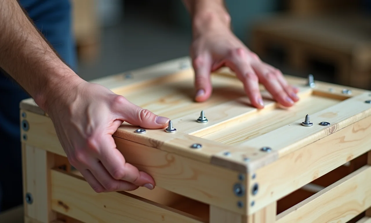 Mãos fixando caixotes com parafusos durante a montagem da estante.