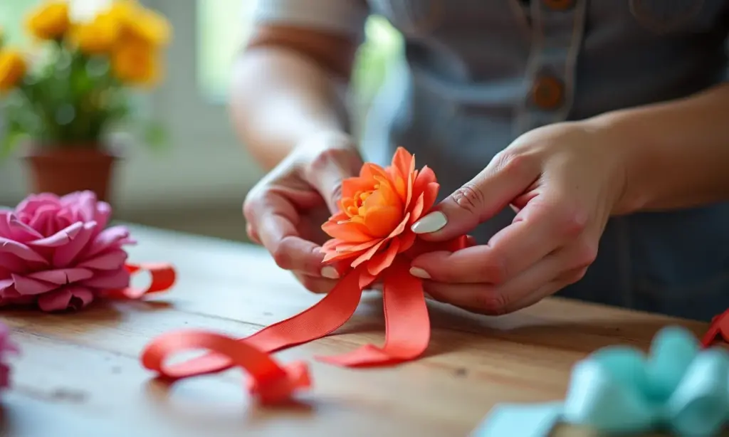 Flores de fita de cetim: como fazer as suas Mãos habilidosas criando flores de fita de cetim coloridas em um ambiente de ateliê.