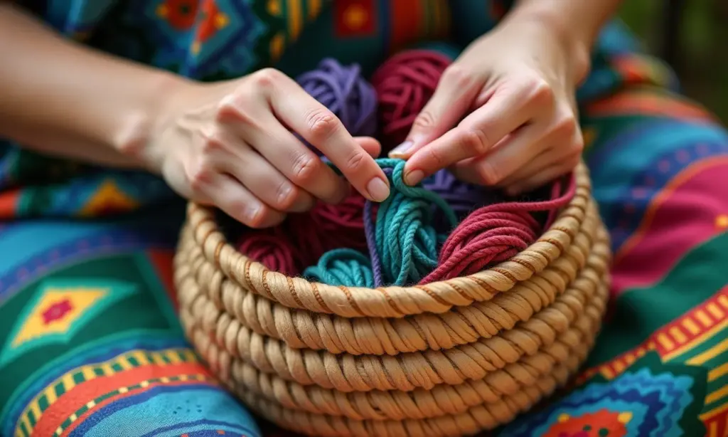 Mãos habilidosas crocheteando cesto de fio de malha reto.