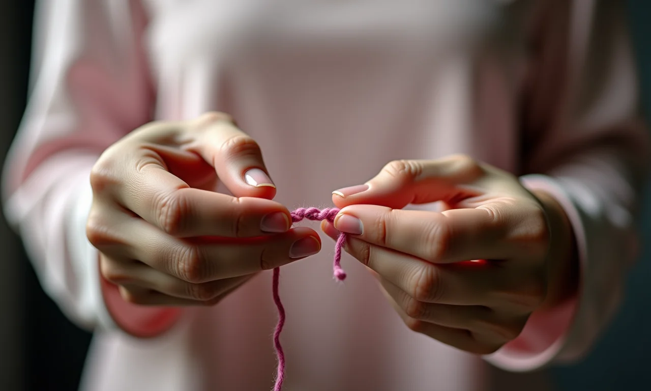 Mãos iniciando fio de ponto cruz corretamente.