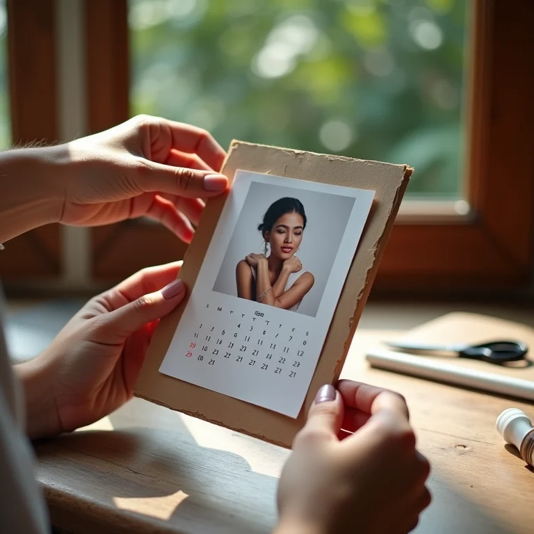Mãos inserindo foto em calendário personalizado