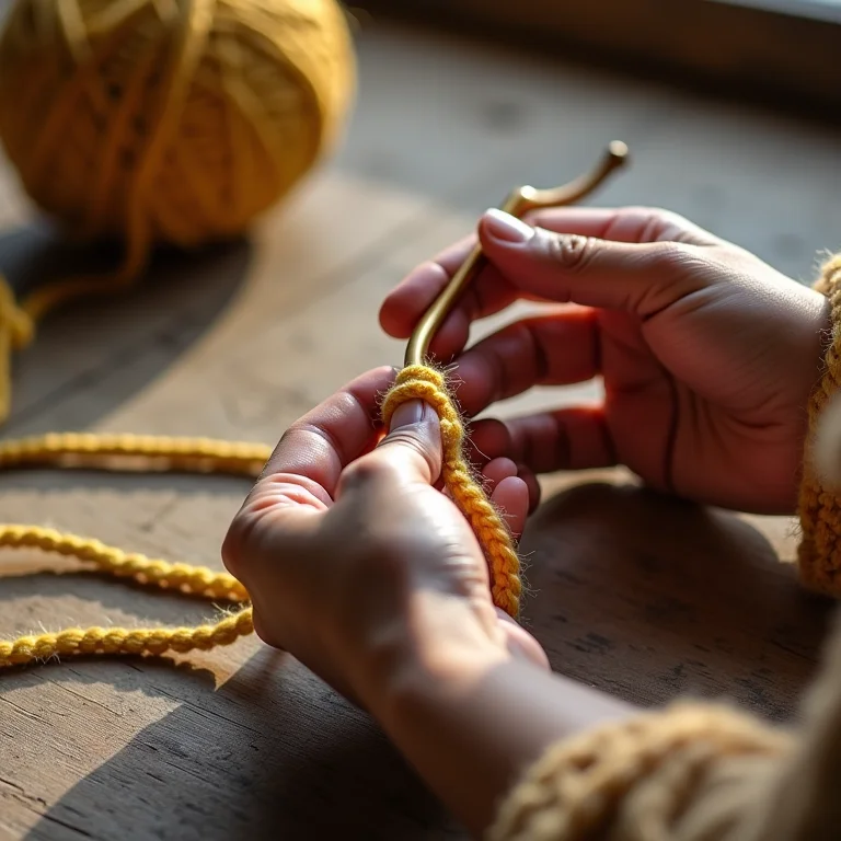 Mãos laçando o fio com a agulha de crochê.