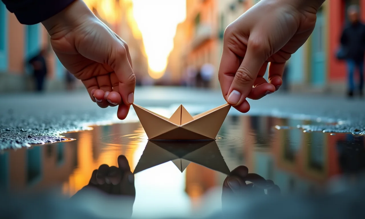 Mãos lançando um pequeno barco de papel em uma poça refletindo uma paisagem urbana colorida.