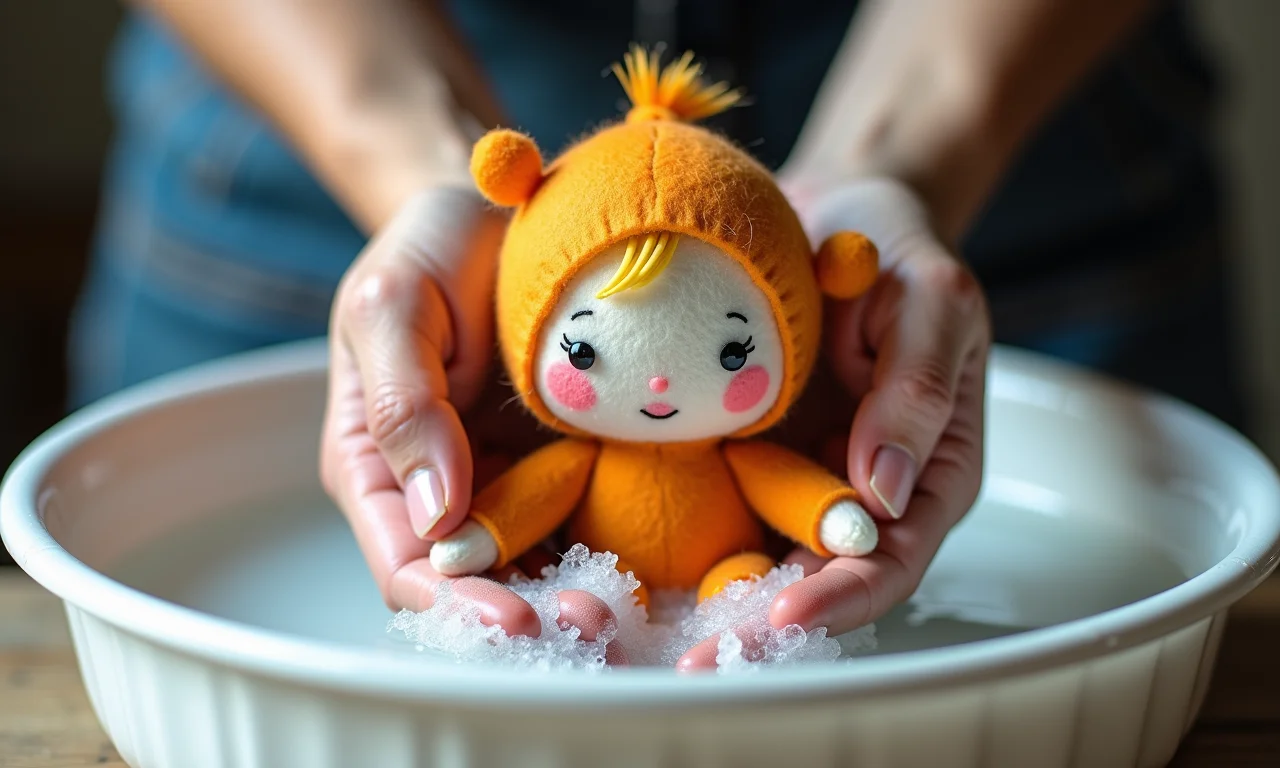 Mãos lavando Galinha Pintadinha de feltro delicadamente.