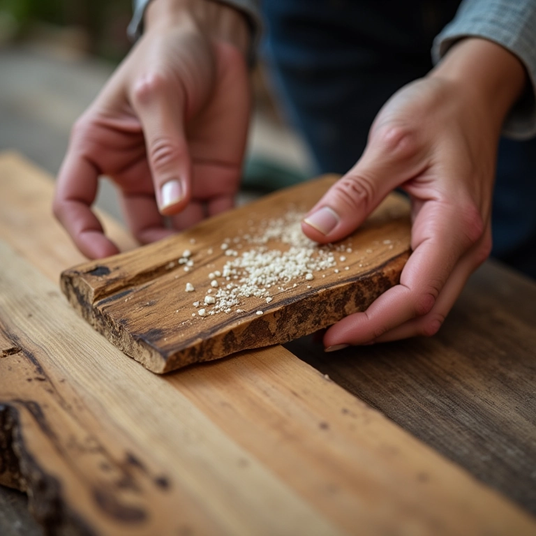 Mãos limpando madeira reciclada com produtos naturais.