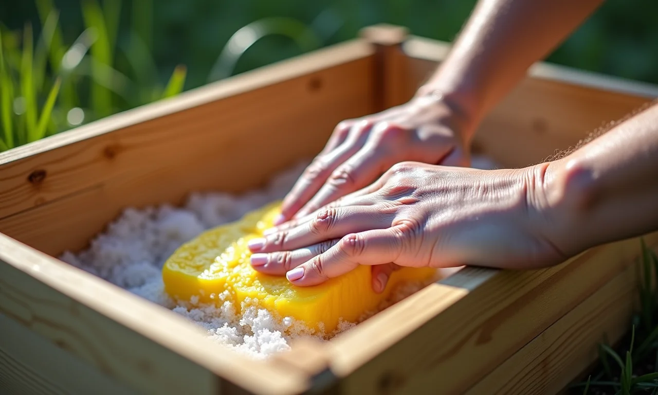 Mãos limpando um caixote de feira com água e sabão ao ar livre em um dia ensolarado.