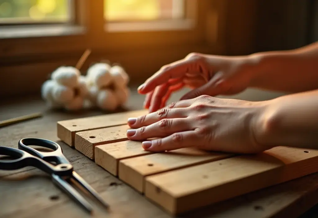 Mãos lixando caixote de madeira em ateliê brasileiro com luz natural