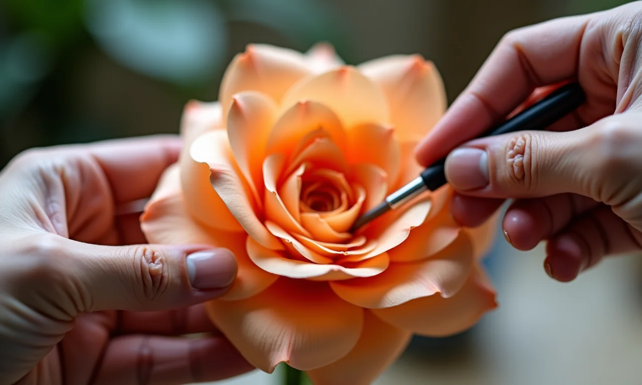 Mãos modelando pétala de cetim com ferramenta.