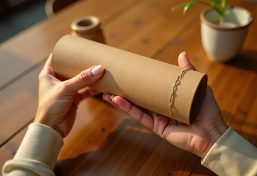 Mãos moldando rolinho de papel higiênico para artesanato
